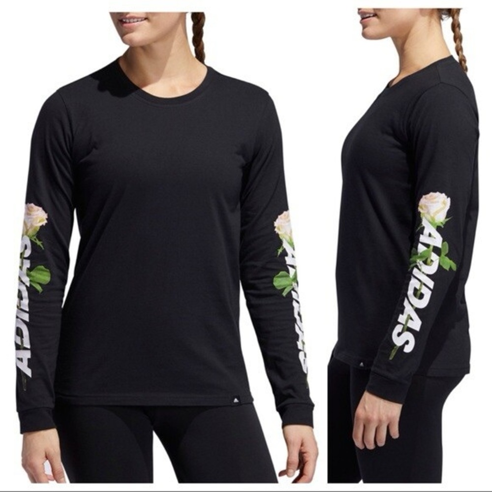 Adidas. Black Floral Sleeve Long Sleeve Tshirt. Size Medium.